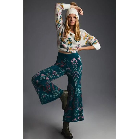 Daily Practice By Anthropologie Women's Floral Cozy Flared Pants Teal Large - Picture 1 of 7